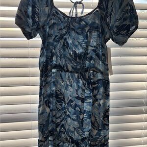 Elegant Blue Leaf Print Midi Dress